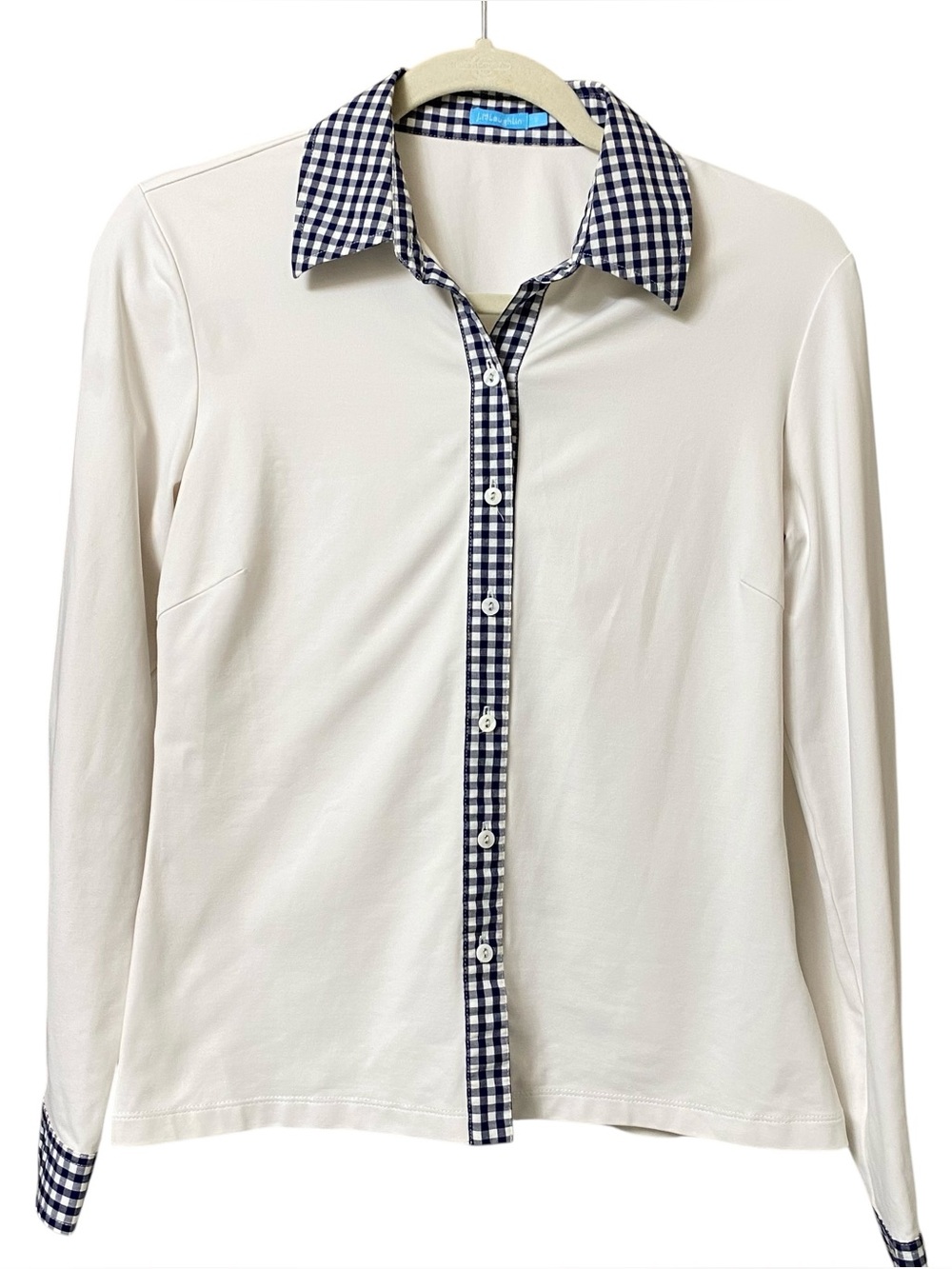 J.McLaughlin white blue gingham trim long sleeve button up Catalina Cloth Top S